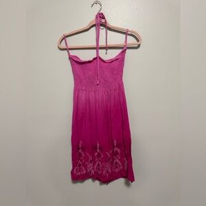 Yak and Yeti Pink Halter Sundress Smocked Boho Embroided Hem